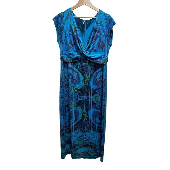 Fresh Of LA Maxi Blue Dress 2X Pullover V Neck USA Stretchy Cottage Boho Indie - Picture 1 of 6